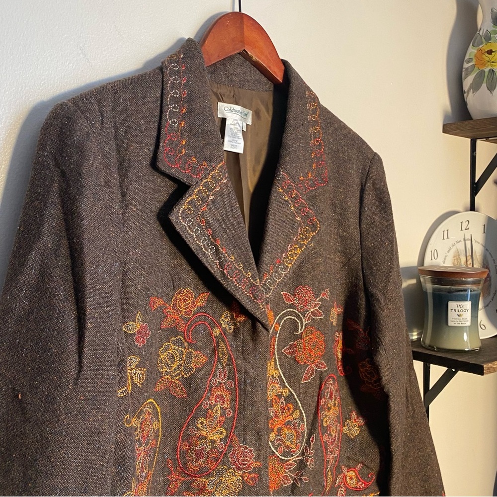Coldwater Creek Brown Wool Blend Snap Front Embroidered Blazer